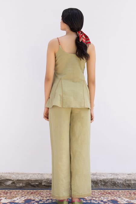 Shop Shimona Green Cotton, Linen Embroidery Scoop Marigold Neckline Peplum Top And Pant Set at Aza Fashions Shop_Shimona_Green Cotton, Linen Embroidery Scoop Marigold Neckline Peplum Top And Pant Set _at_Aza_Fashions
