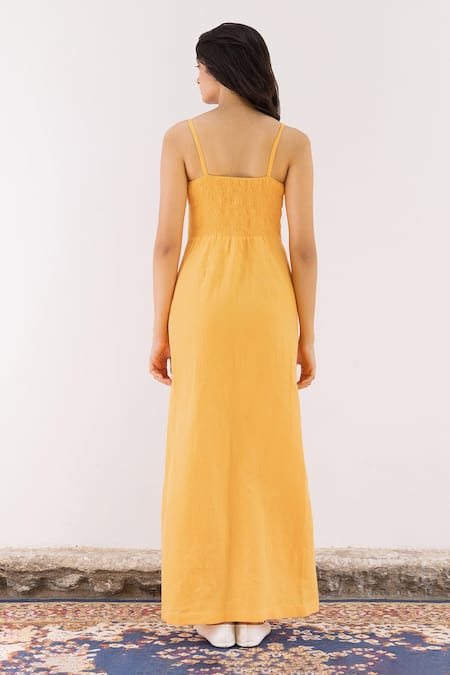 Shop Shimona Orange Cotton, Linen Embroidery, Beads V-neck Candle Light Placement Dress at Aza Fashions Shop_Shimona_Orange Cotton, Linen Embroidery, Beads V-neck Candle Light Placement Dress _at_Aza_Fashions