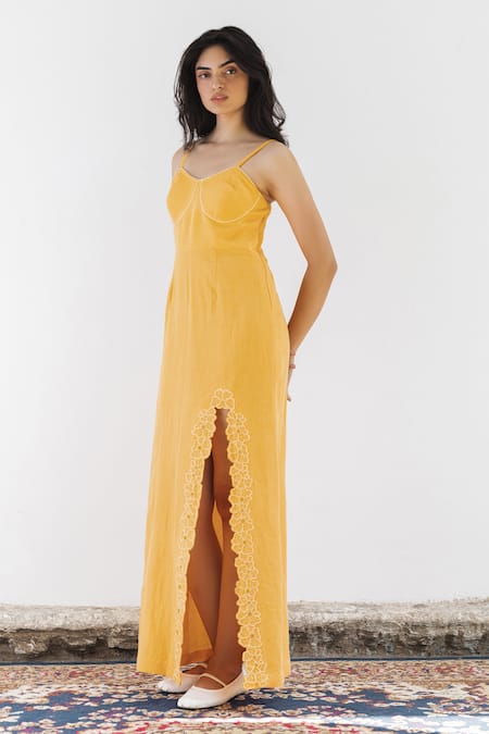 Shimona Orange Cotton, Linen Embroidery, Beads V-neck Candle Light Placement Dress Online at Aza Fashions Shimona_Orange Cotton, Linen Embroidery, Beads V-neck Candle Light Placement Dress _Online_at_Aza_Fashions