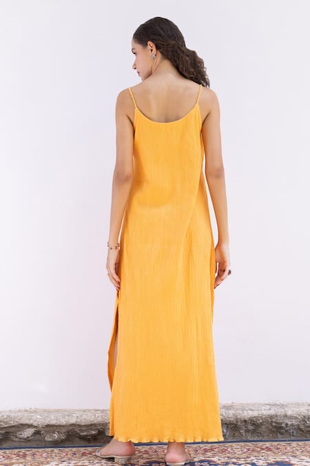 Shop_Shimona_Orange Cotton Embroidery Scoop Neck Marigold Neckline Dress _at_Aza_Fashions