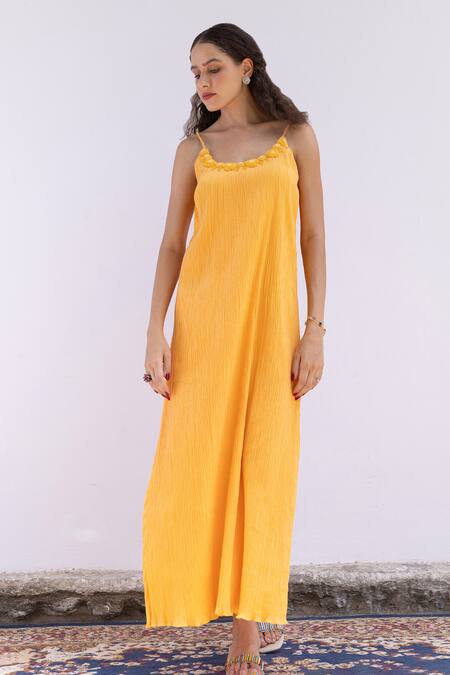 Shimona_Orange Cotton Embroidery Scoop Neck Marigold Neckline Dress _Online_at_Aza_Fashions