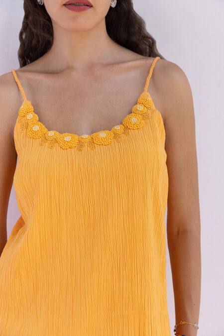 Buy_Shimona_Orange Cotton Embroidery Scoop Neck Marigold Neckline Dress _Online_at_Aza_Fashions