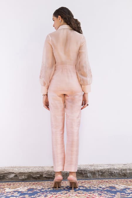Shop Shimona Peach Organza, Embroidery Collared Shirt And Pant Set at Aza Fashions Shop_Shimona_Peach Organza, Embroidery Collared Shirt And Pant Set _at_Aza_Fashions