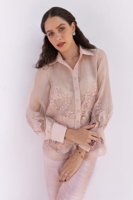 Buy Shimona Peach Organza, Embroidery Collared Shirt And Pant Set Online at Aza Fashions Buy_Shimona_Peach Organza, Embroidery Collared Shirt And Pant Set _Online_at_Aza_Fashions