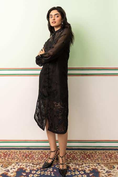Shimona Black Silk Organza Sequins, Embroidery Mandarin Collar Garden Of Flower Dress Online at Aza Fashions Shimona_Black Silk Organza Sequins, Embroidery Mandarin Collar Garden Of Flower Dress _Online_at_Aza_Fashions