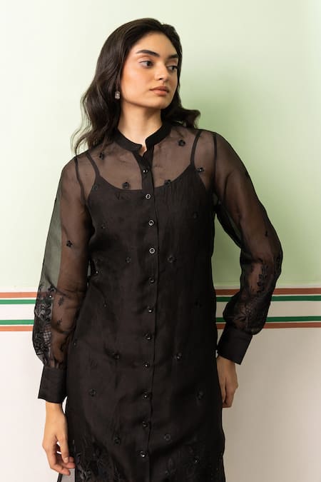 Buy Shimona Black Silk Organza Sequins, Embroidery Mandarin Collar Garden Of Flower Dress Online at Aza Fashions Buy_Shimona_Black Silk Organza Sequins, Embroidery Mandarin Collar Garden Of Flower Dress _Online_at_Aza_Fashions
