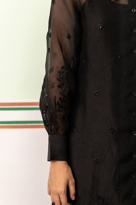 Shop Shimona Black Silk Organza Sequins, Embroidery Mandarin Collar Garden Of Flower Dress Online at Aza Fashions Shop_Shimona_Black Silk Organza Sequins, Embroidery Mandarin Collar Garden Of Flower Dress _Online_at_Aza_Fashions