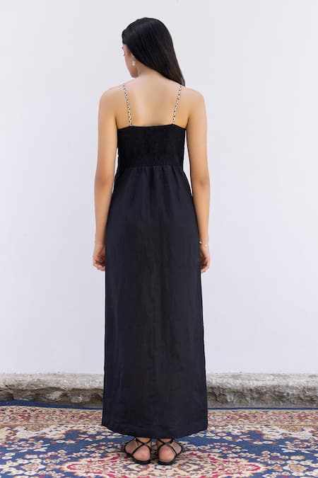 Shop Shimona Black Cotton, Linen Embroidery V-neck Dress at Aza Fashions Shop_Shimona_Black Cotton, Linen Embroidery V-neck Dress _at_Aza_Fashions