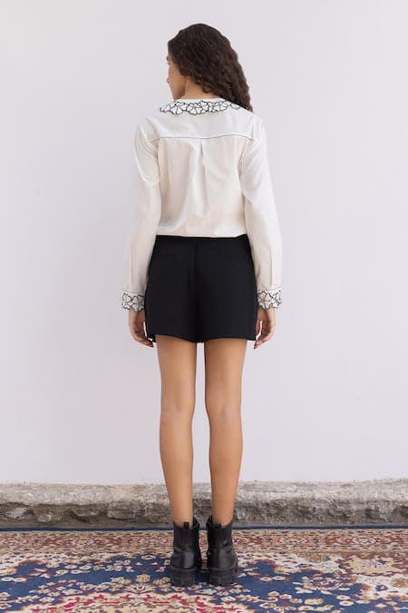 Shop Shimona White Cotton Embroidery Collared Floral Pintuck Shirt at Aza Fashions Shop_Shimona_White Cotton Embroidery Collared Floral Pintuck Shirt _at_Aza_Fashions