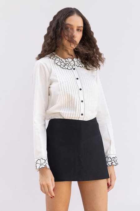Shimona White Cotton Embroidery Collared Floral Pintuck Shirt Online at Aza Fashions Shimona_White Cotton Embroidery Collared Floral Pintuck Shirt _Online_at_Aza_Fashions