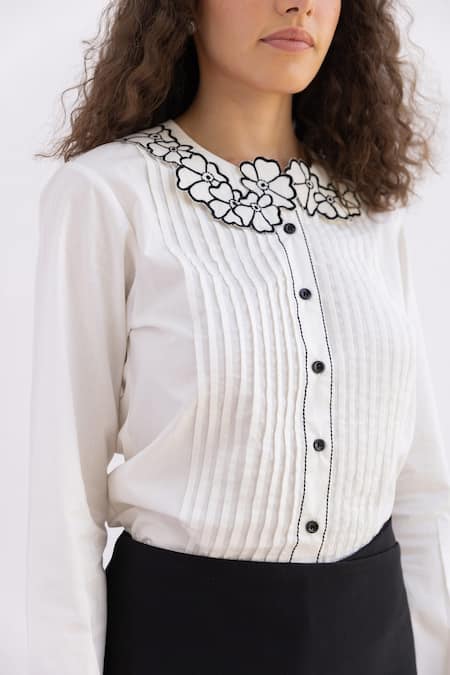 Shop Shimona White Cotton Embroidery Collared Floral Pintuck Shirt Online at Aza Fashions Shop_Shimona_White Cotton Embroidery Collared Floral Pintuck Shirt _Online_at_Aza_Fashions