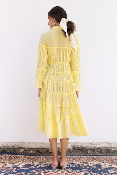 Shop Shimona Yellow Cotton Collared Sunshine Organic Tiered Dress at Aza Fashions Shop_Shimona_Yellow Cotton Collared Sunshine Organic Tiered Dress _at_Aza_Fashions