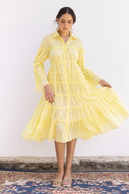Shimona Yellow Cotton Collared Sunshine Organic Tiered Dress Online at Aza Fashions Shimona_Yellow Cotton Collared Sunshine Organic Tiered Dress _Online_at_Aza_Fashions