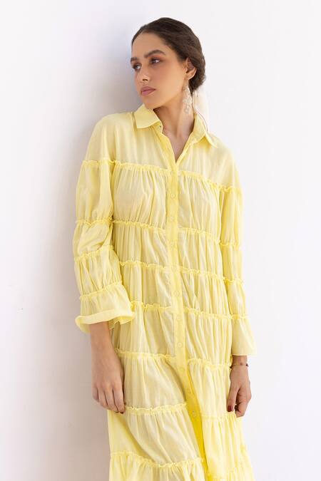 Buy Shimona Yellow Cotton Collared Sunshine Organic Tiered Dress Online at Aza Fashions Buy_Shimona_Yellow Cotton Collared Sunshine Organic Tiered Dress _Online_at_Aza_Fashions