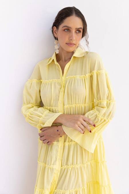 Shop Shimona Yellow Cotton Collared Sunshine Organic Tiered Dress Online at Aza Fashions Shop_Shimona_Yellow Cotton Collared Sunshine Organic Tiered Dress _Online_at_Aza_Fashions