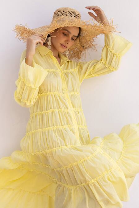 Shimona Yellow Cotton Collared Sunshine Organic Tiered Dress at Aza Fashions Shimona_Yellow Cotton Collared Sunshine Organic Tiered Dress _at_Aza_Fashions