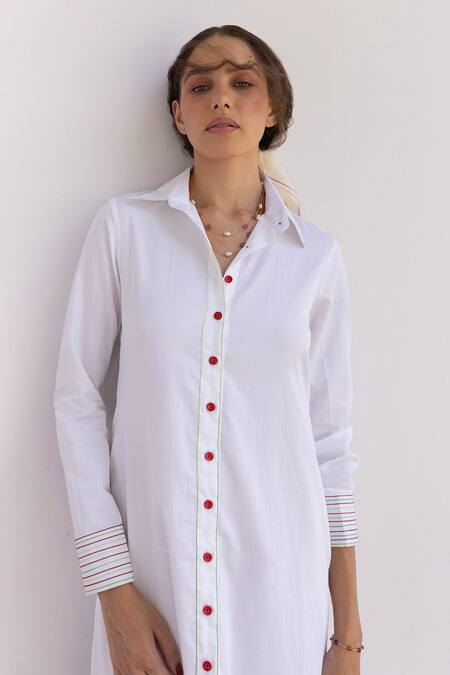 Shop Shimona White Cotton Satin Embroidery Collared Poppy Flower Shirt Dress Online at Aza Fashions Shop_Shimona_White Cotton Satin Embroidery Collared Poppy Flower Shirt Dress _Online_at_Aza_Fashions