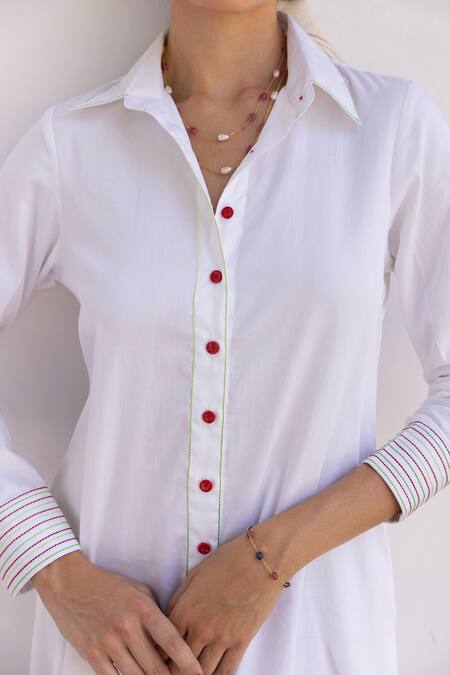 Shimona White Cotton Satin Embroidery Collared Poppy Flower Shirt Dress at Aza Fashions Shimona_White Cotton Satin Embroidery Collared Poppy Flower Shirt Dress _at_Aza_Fashions