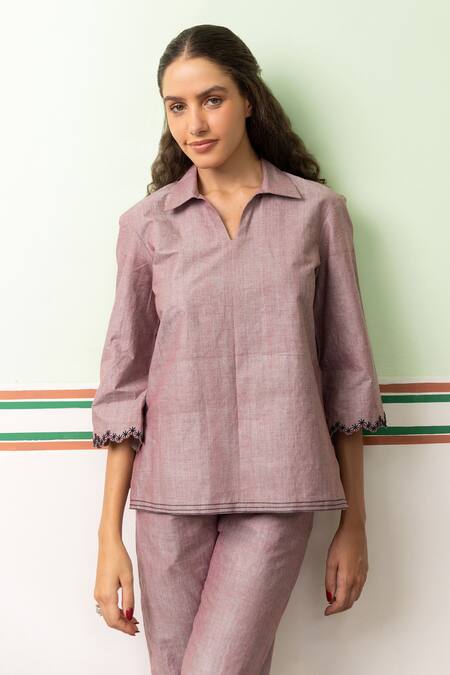 Shimona Pink , Handloom Embroidery Collared Sleeve Top And Pant Set Online at Aza Fashions Shimona_Pink , Handloom Embroidery Collared Sleeve Top And Pant Set _Online_at_Aza_Fashions