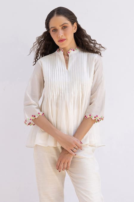 Shimona Off White Cotton, Silk, Chanderi Embroidery Ditsy Bloom Pintucked Yoke Tunic Online at Aza Fashions Shimona_Off White Cotton, Silk, Chanderi Embroidery Ditsy Bloom Pintucked Yoke Tunic _Online_at_Aza_Fashions