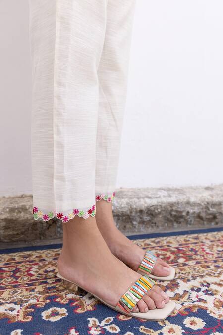 Buy Shimona Off White Cotton Silk Chanderi Embroidery Ditsy Bloom Border Pant Online at Aza Fashions Buy_Shimona_Off White Cotton Silk Chanderi Embroidery Ditsy Bloom Border Pant_Online_at_Aza_Fashions