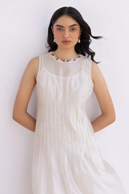 Shop Shimona Off White Cotton, Silk, Chanderi Ditsy Bloom Pintucked Dress With Inner at Aza Fashions Shop_Shimona_Off White Cotton, Silk, Chanderi Ditsy Bloom Pintucked Dress With Inner _at_Aza_Fashions