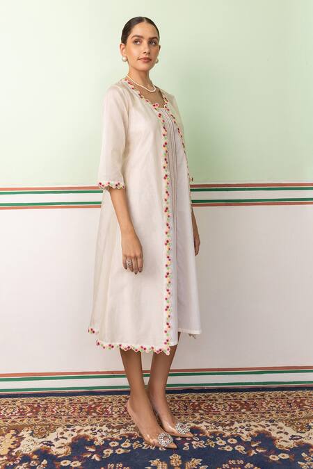 Buy Shimona Off White Cotton, Ditsy Bloom Cutwork Border Cover Up Jacket With Slip Dress Online at Aza Fashions Buy_Shimona_Off White Cotton, Ditsy Bloom Cutwork Border Cover Up Jacket With Slip Dress _Online_at_Aza_Fashions