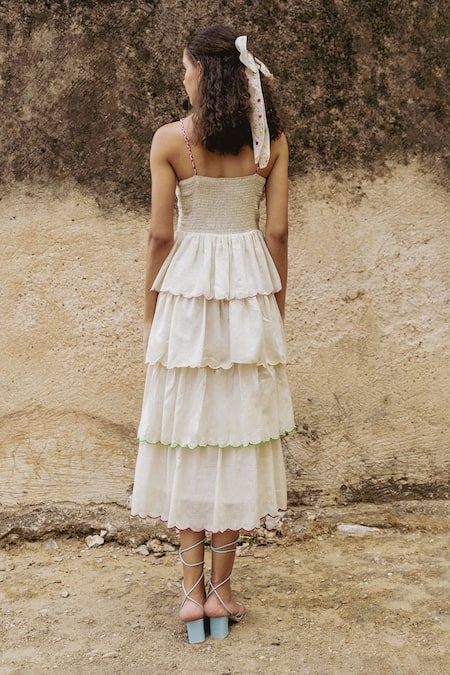 Shop Shimona Off White Tencel Embroidery Ditsy Bloom Scallop Tiered Dress With Inner at Aza Fashions Shop_Shimona_Off White Tencel Embroidery Ditsy Bloom Scallop Tiered Dress With Inner _at_Aza_Fashions