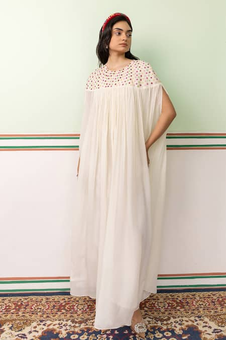 SHIMONA Ditsy Bloom Embroidered Gathered Kaftan With Inner 