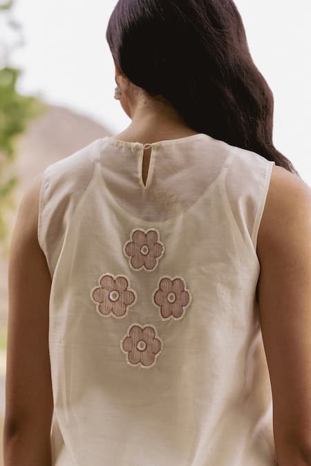 Shop_Shimona_Off White Cotton, Silk, Chanderi Applique, Buttercup A Line Dress With Inner _at_Aza_Fashions