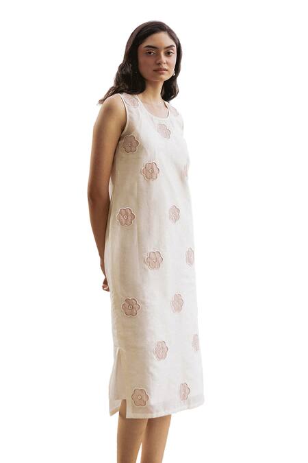 Shimona_Off White Cotton, Silk, Chanderi Applique, Buttercup A Line Dress With Inner _Online_at_Aza_Fashions