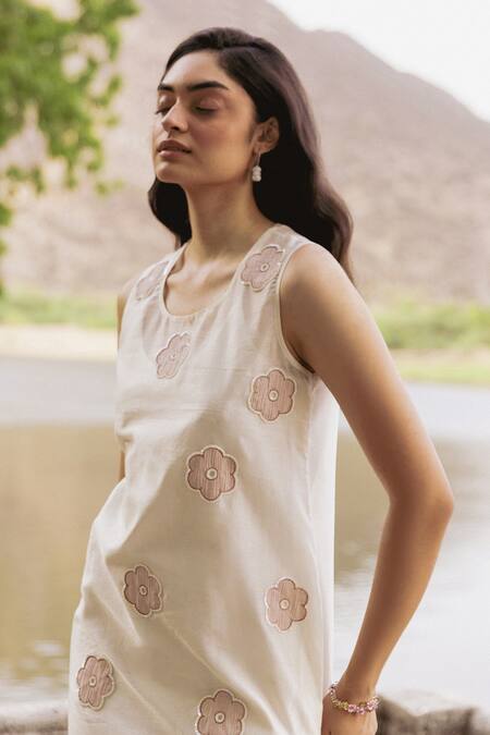 Buy_Shimona_Off White Cotton, Silk, Chanderi Applique, Buttercup A Line Dress With Inner _Online_at_Aza_Fashions