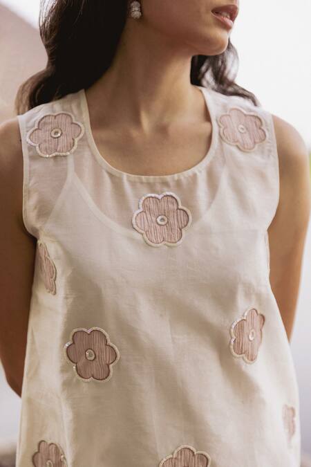 Shop_Shimona_Off White Cotton, Silk, Chanderi Applique, Buttercup A Line Dress With Inner _Online_at_Aza_Fashions