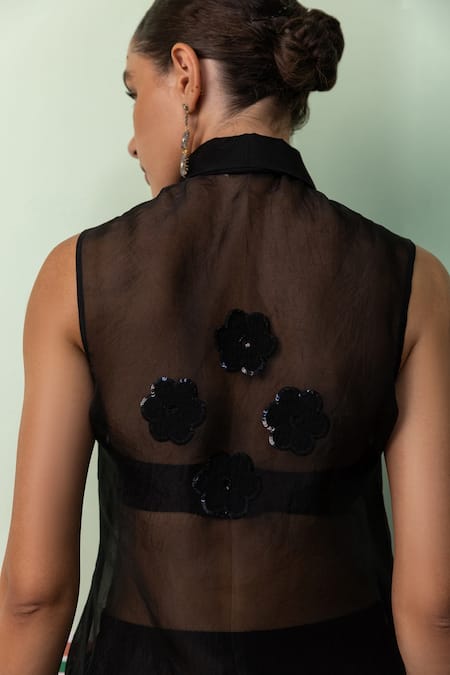 Shop Shimona Black Cotton, Silk, Chanderi Sequins, Applique Musk Sheer Kurta With Pant at Aza Fashions Shop_Shimona_Black Cotton, Silk, Chanderi Sequins, Applique Musk Sheer Kurta With Pant _at_Aza_Fashions