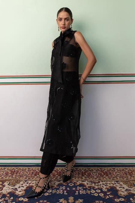 Shimona Black Cotton, Silk, Chanderi Sequins, Applique Musk Sheer Kurta With Pant Online at Aza Fashions Shimona_Black Cotton, Silk, Chanderi Sequins, Applique Musk Sheer Kurta With Pant _Online_at_Aza_Fashions