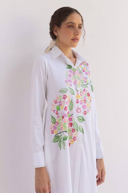 Buy Shimona White Cotton Satin Collared Floral Bunch Hand Painted Shirt Dress Online at Aza Fashions Buy_Shimona_White Cotton Satin Collared Floral Bunch Hand Painted Shirt Dress _Online_at_Aza_Fashions