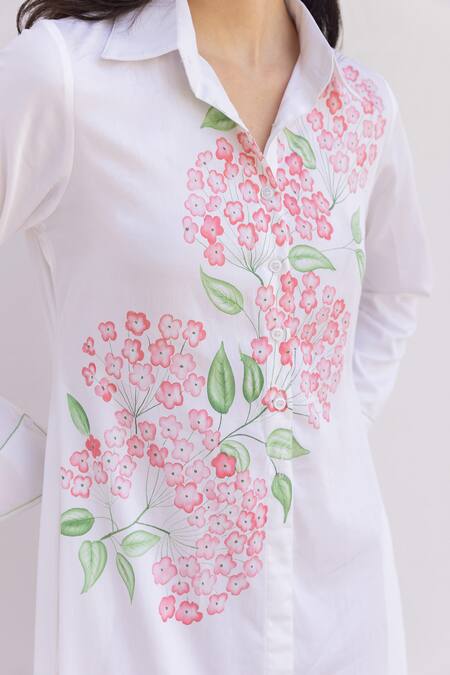 Shop Shimona White Cotton Satin Collared Primrose Hand Painted Shirt Dress Online at Aza Fashions Shop_Shimona_White Cotton Satin Collared Primrose Hand Painted Shirt Dress _Online_at_Aza_Fashions