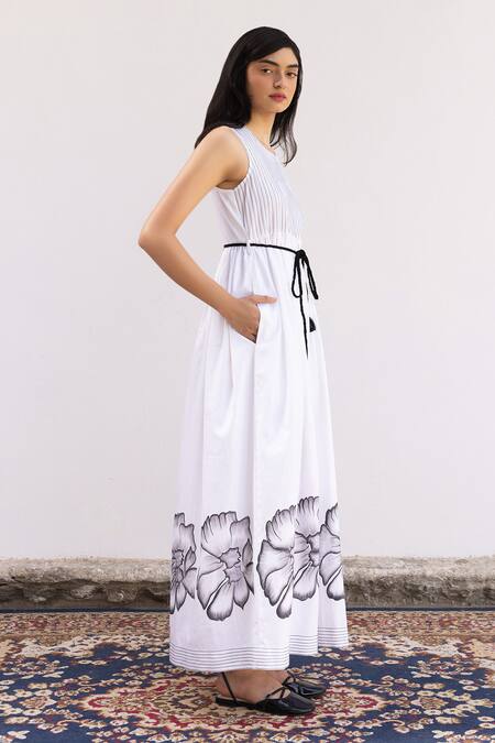 Shimona White Cotton Satin Round Neck Moonflower Hand Painted Maxi Dress Online at Aza Fashions Shimona_White Cotton Satin Round Neck Moonflower Hand Painted Maxi Dress _Online_at_Aza_Fashions