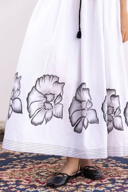 Buy Shimona White Cotton Satin Round Neck Moonflower Hand Painted Maxi Dress Online at Aza Fashions Buy_Shimona_White Cotton Satin Round Neck Moonflower Hand Painted Maxi Dress _Online_at_Aza_Fashions