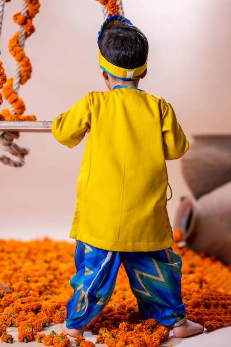 Shop Rage Attire-Sweta Saria Yellow Cotton, Silk Beads Makhan Chor Lehariya Kurta With Dhoti Pant at Aza Fashions Shop_Rage Attire-Sweta Saria_Yellow Cotton, Silk Beads Makhan Chor Lehariya Kurta With Dhoti Pant _at_Aza_Fashions