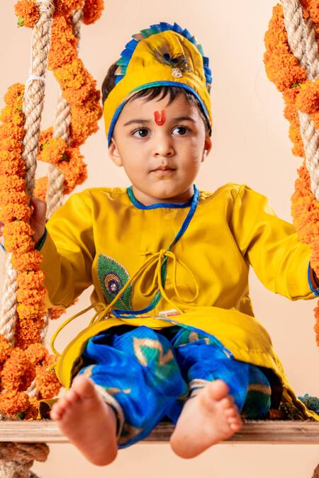 Rage Attire-Sweta Saria Yellow Cotton, Silk Beads Makhan Chor Lehariya Kurta With Dhoti Pant Online at Aza Fashions Rage Attire-Sweta Saria_Yellow Cotton, Silk Beads Makhan Chor Lehariya Kurta With Dhoti Pant _Online_at_Aza_Fashions