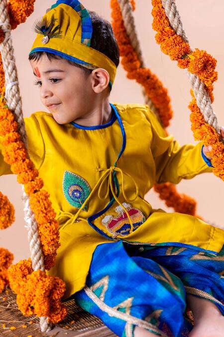 Rage Attire-Sweta Saria Yellow Cotton, Silk Beads Makhan Chor Lehariya Kurta With Dhoti Pant at Aza Fashions Rage Attire-Sweta Saria_Yellow Cotton, Silk Beads Makhan Chor Lehariya Kurta With Dhoti Pant _at_Aza_Fashions