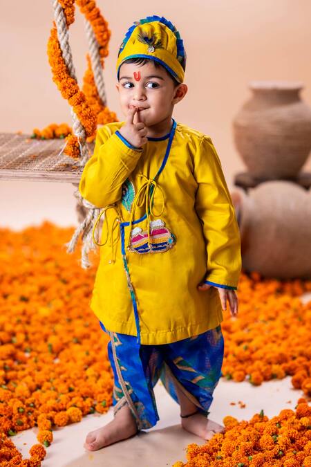 Buy Rage Attire-Sweta Saria Yellow Cotton, Silk Beads Makhan Chor Lehariya Kurta With Dhoti Pant Buy_Rage Attire-Sweta Saria_Yellow Cotton, Silk Beads Makhan Chor Lehariya Kurta With Dhoti Pant