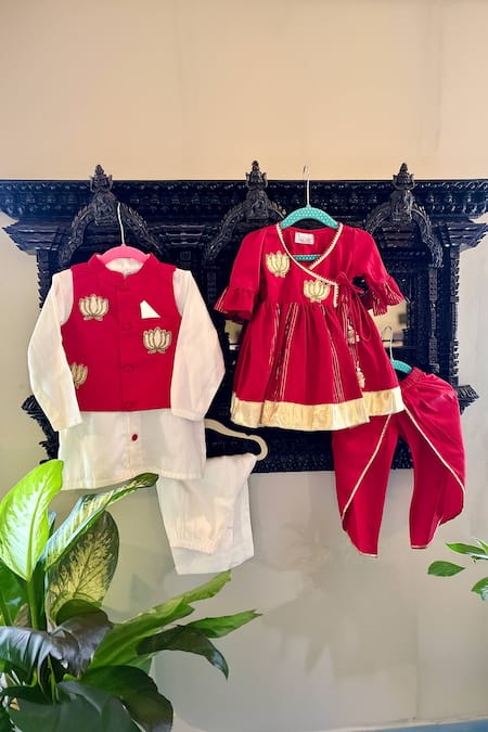Shop Rage Attire-Sweta Saria Red Silk, Cotton Beads, Zari Lotus Embroidered Nehru Jacket Set at Aza Fashions Shop_Rage Attire-Sweta Saria_Red Silk, Cotton Beads, Zari Lotus Embroidered Nehru Jacket Set _at_Aza_Fashions