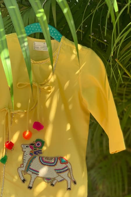 Shop Rage Attire-Sweta Saria Yellow Cotton, Silk Beads Kaamdhenu Embroidered Kurta With Dhoti Pant at Aza Fashions Shop_Rage Attire-Sweta Saria_Yellow Cotton, Silk Beads Kaamdhenu Embroidered Kurta With Dhoti Pant _at_Aza_Fashions