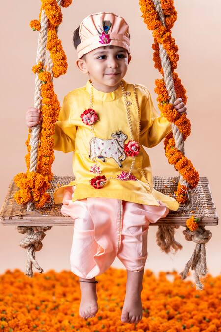 Shop Rage Attire-Sweta Saria Yellow Cotton, Silk Beads Kaamdhenu And Padma Kurta With Dhoti Pant at Aza Fashions Shop_Rage Attire-Sweta Saria_Yellow Cotton, Silk Beads Kaamdhenu And Padma Kurta With Dhoti Pant _at_Aza_Fashions