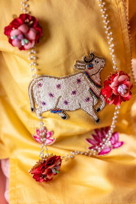 Shop Rage Attire-Sweta Saria Yellow Cotton, Silk Beads Kaamdhenu And Padma Kurta With Dhoti Pant Online at Aza Fashions Shop_Rage Attire-Sweta Saria_Yellow Cotton, Silk Beads Kaamdhenu And Padma Kurta With Dhoti Pant _Online_at_Aza_Fashions