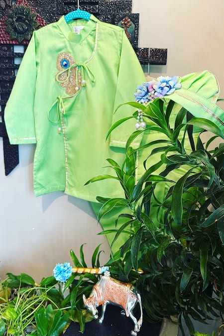 Rage Attire-Sweta Saria_Green Cotton, Silk Beads Mor Pankh Embroidered Kurta With Dhoti Pant Set _Online_at_Aza_Fashions