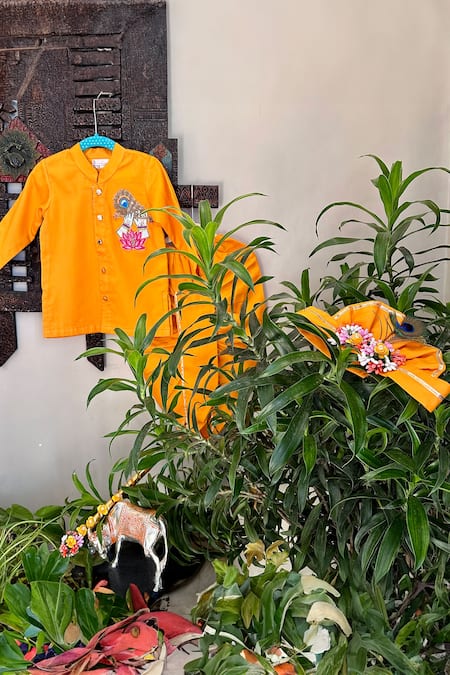 Rage Attire-Sweta Saria Orange Cotton, Silk Beads Divine Embroidered Kurta With Dhoti Set