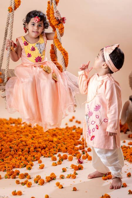 Rage Attire-Sweta Saria Peach Cotton, Silk Beads Cow And Lotus Embroidered Kurta With Dhoti Set Online at Aza Fashions Rage Attire-Sweta Saria_Peach Cotton, Silk Beads Cow And Lotus Embroidered Kurta With Dhoti Set _Online_at_Aza_Fashions